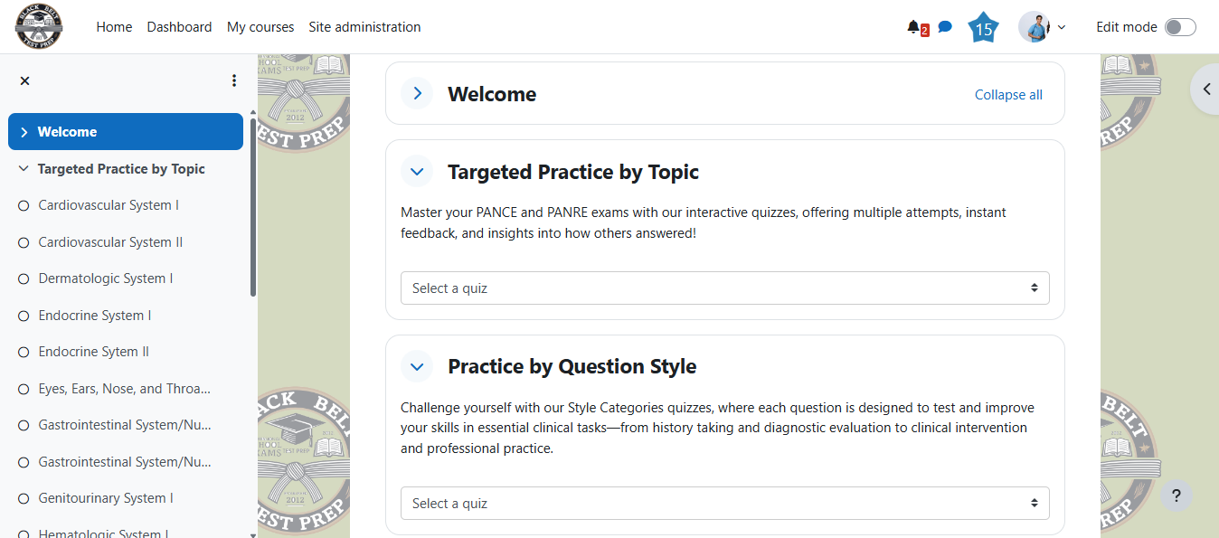 Black Belt Test Prep full question bank dashboard screenshot